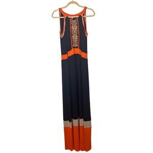 Spense Womens XL Navy Orange Maxi Dress Embroidered Boho